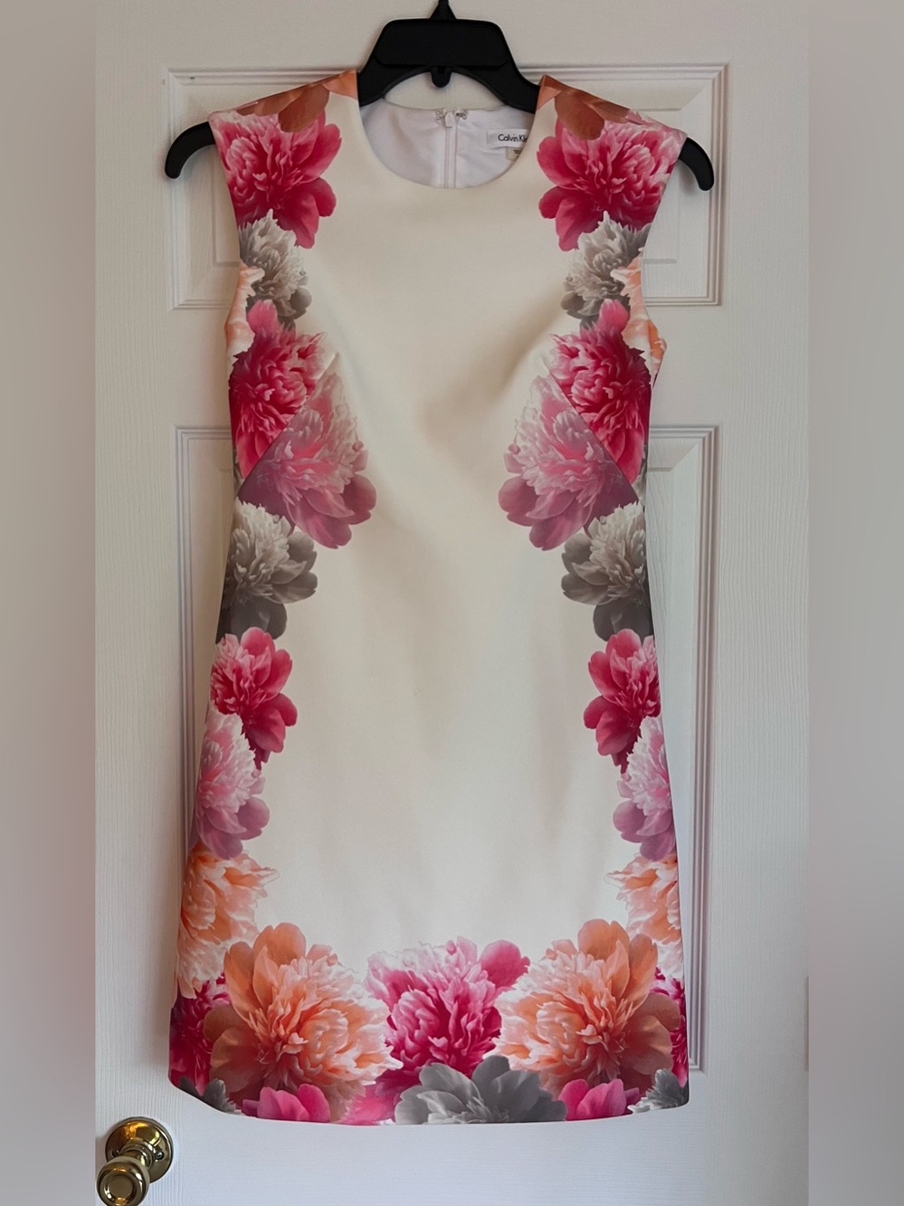 Calvin Klein Cream Sheath Dress with Pink and Peach Floral Trim
